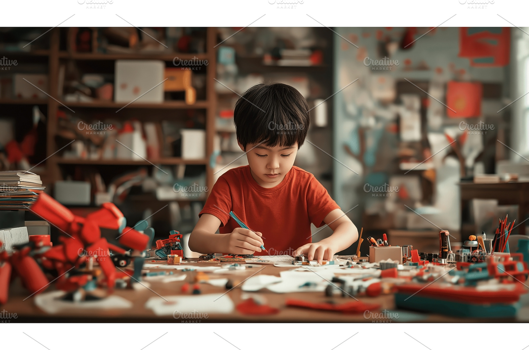 Asian boy focused on crafting with, a Person Photo by Sergey Kotenev