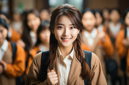 Smiling Asian Schoolgirl with Backpack Among Classmates in Classroom Setting, a Photo by AS photostudio