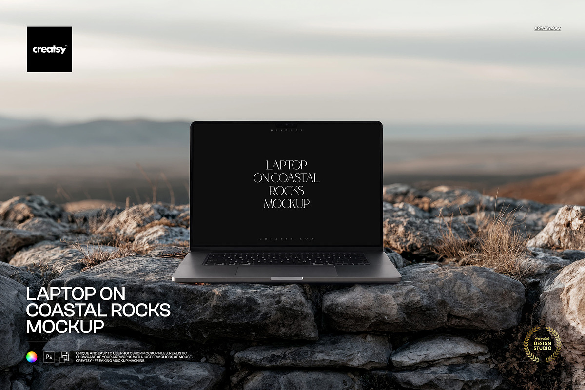 Laptop on Coastal Rocks Mockup, a Mac Mockup by creatsy5 (Photo 1 of 4)