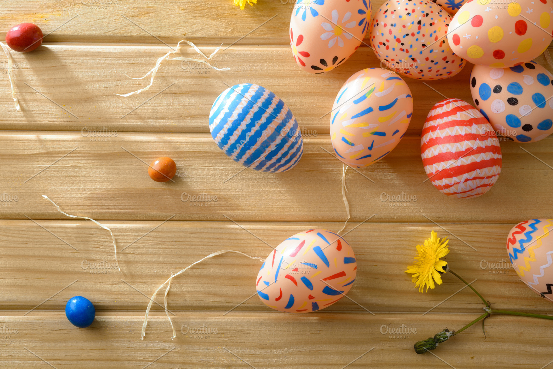 Close Up of Colorful Easter Eggs on Wood, a Holiday Photo by Davizro's Market