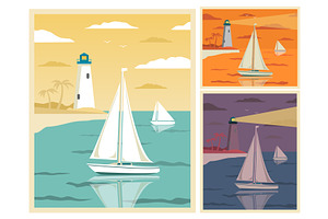 Sailing yacht with a lighthouse.