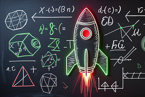 Neon rocket design on chalkboard, an Illustration by wavebreak