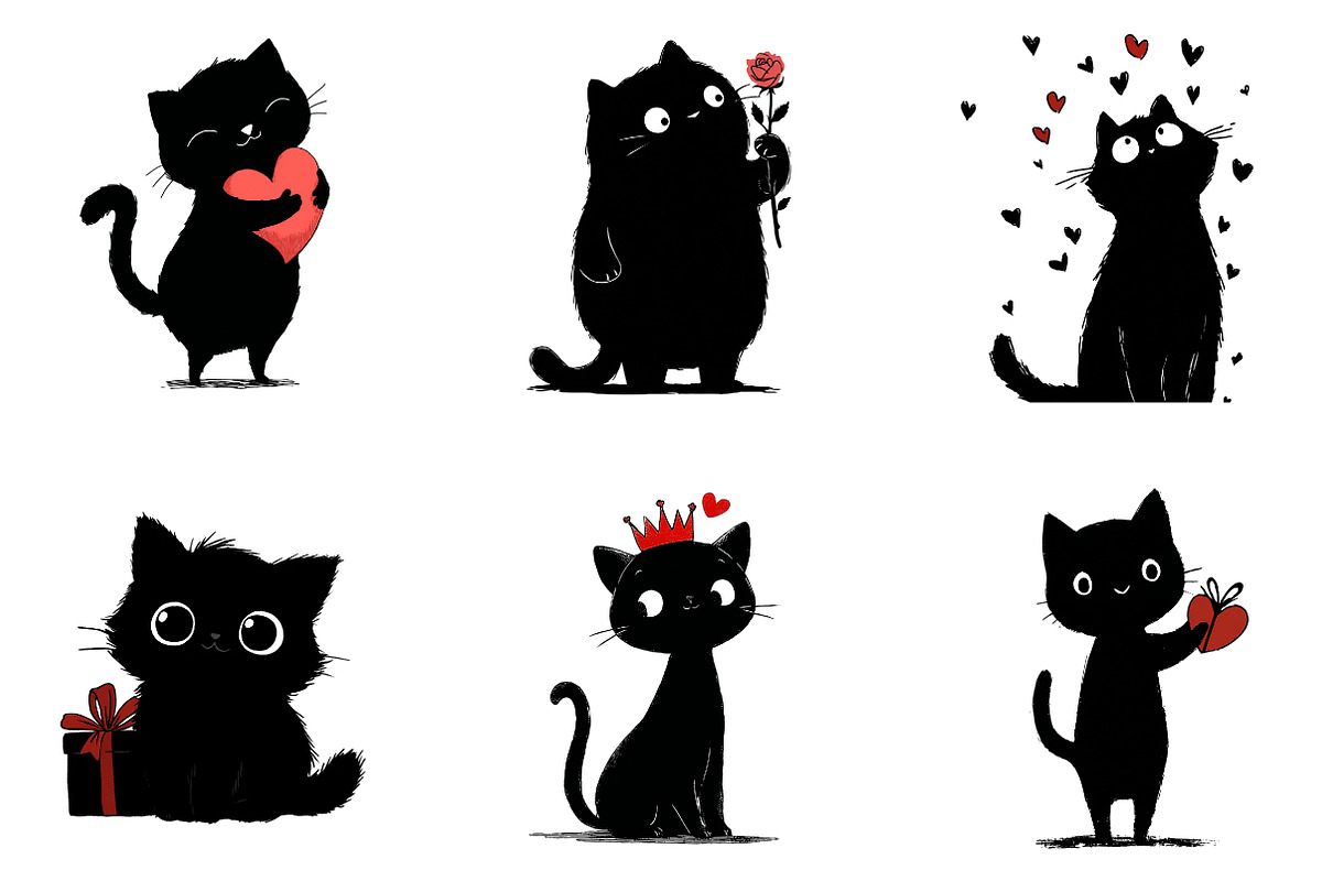Whimsical Valentine Black Cat Clipar, an Illustration by CreationArt (Photo 4 of 6)