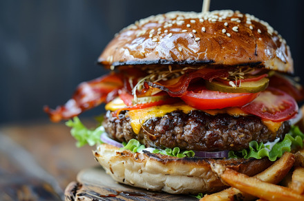 A juicy hamburger topped with crispy, a Photo by Iftikhar Alam