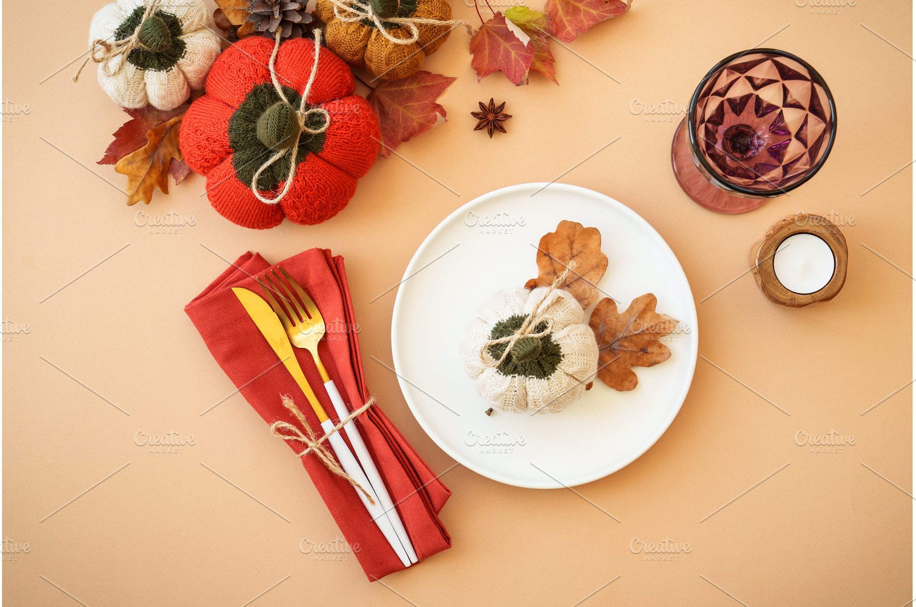 Thanksgiving table top view on color, a Food & Drink Photo by Nadia-nb