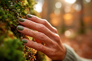Female hand with five fingers touching moss-covered tree in a vibrant forest du, a Beauty & Fashion Photo by AlyaAnd