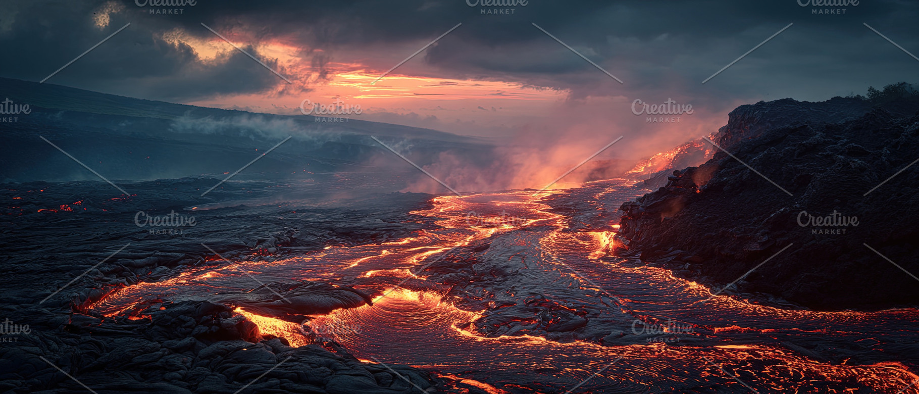 Molten lava streams across rugged terrain under dramatic clouds, an Abstract Photo by Ales Munt