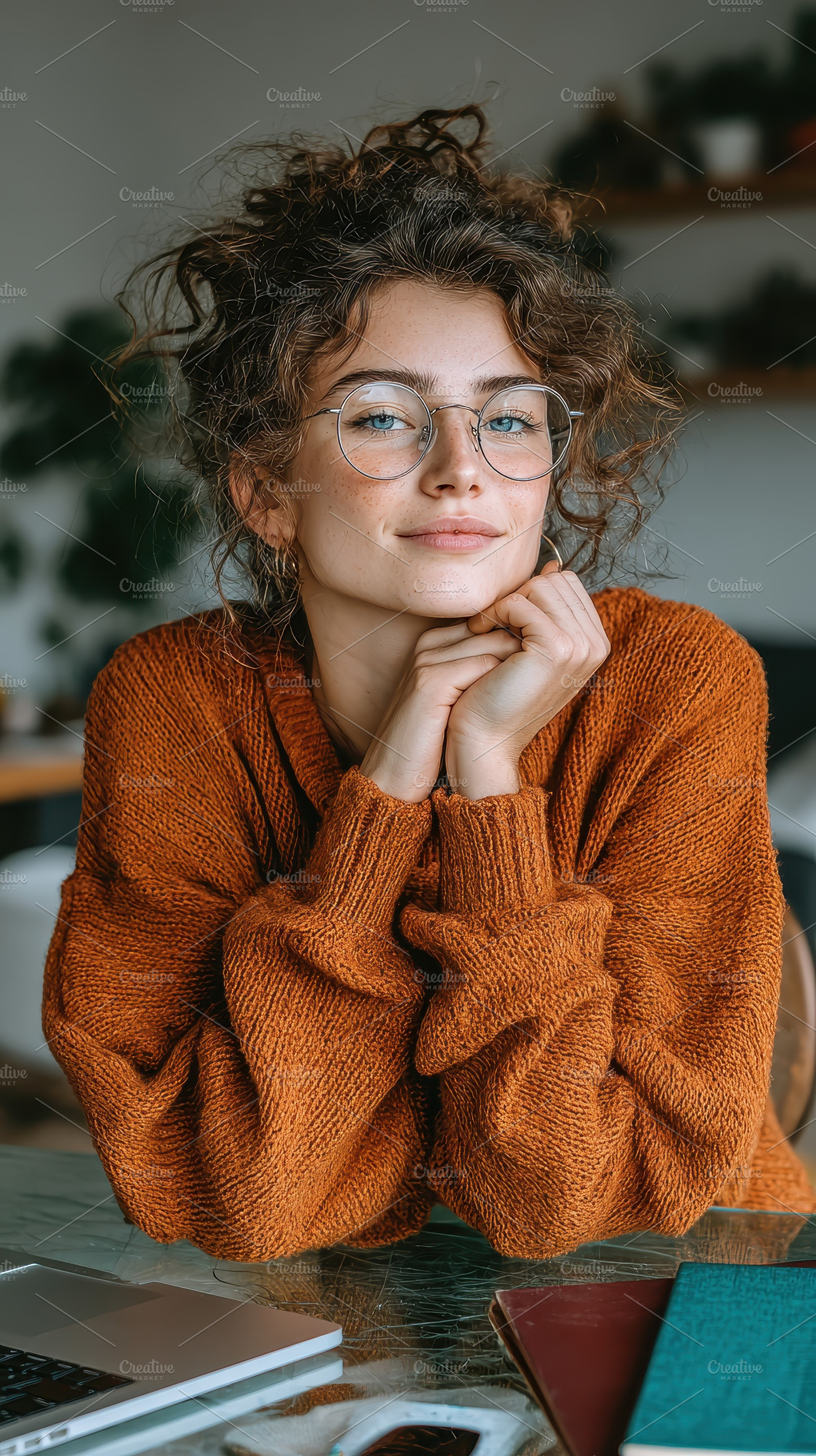Young woman in orange sweater with g, a Photo by Pixeness Studio