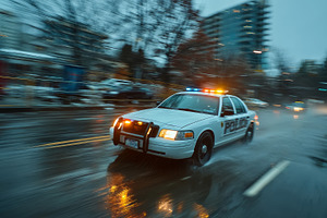 Police patrol car speeding through a rainy urban street with flashing lights an, a Photo by AS photostudio