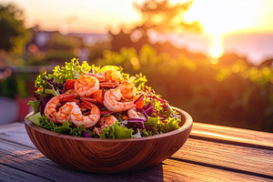 Vibrant shrimp salad with fresh greens and colorful vegetables, lightly dressed, a Food & Drink Photo by DutchDigitalDesign