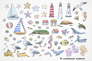 Watercolor Sea Clipart, Nautical Set