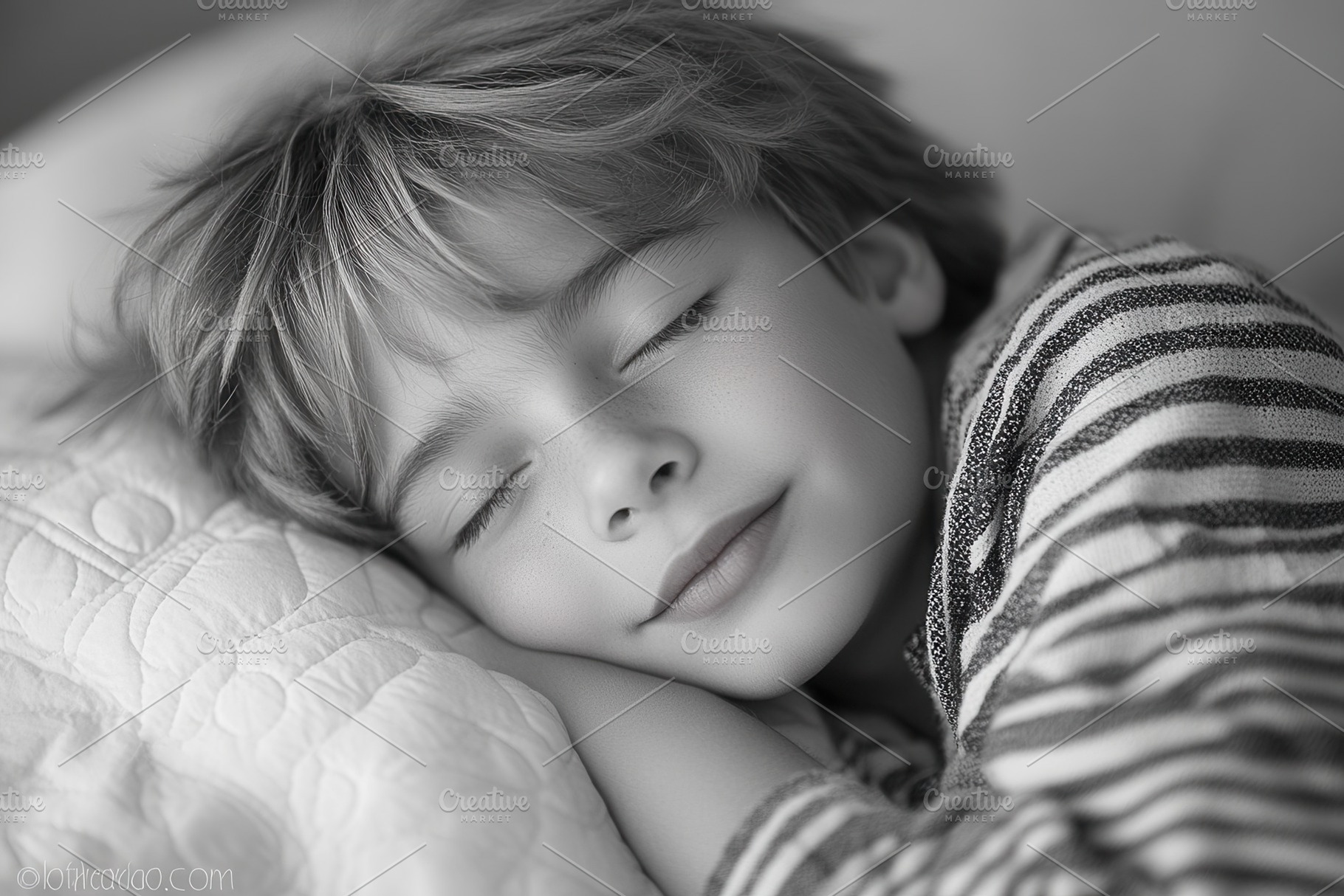 Child peacefully sleeping in a cozy, a Photo by Tanuart