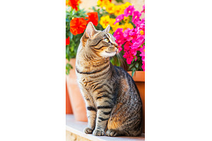 Cute tabby cat sits near colorful, a Nature Photo by Lermont51