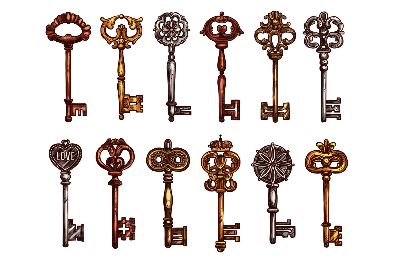 Vector isolated icons sketch of vintage keys, an Illustration by Vector ...