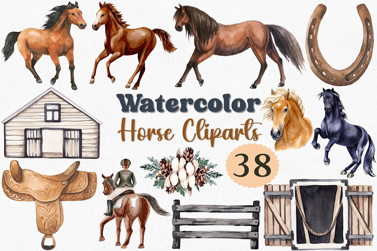 Watercolor Horse Clipart Set, 38 PNG, an Animal Illustration by CropUp Creative (Photo 1 of 4)