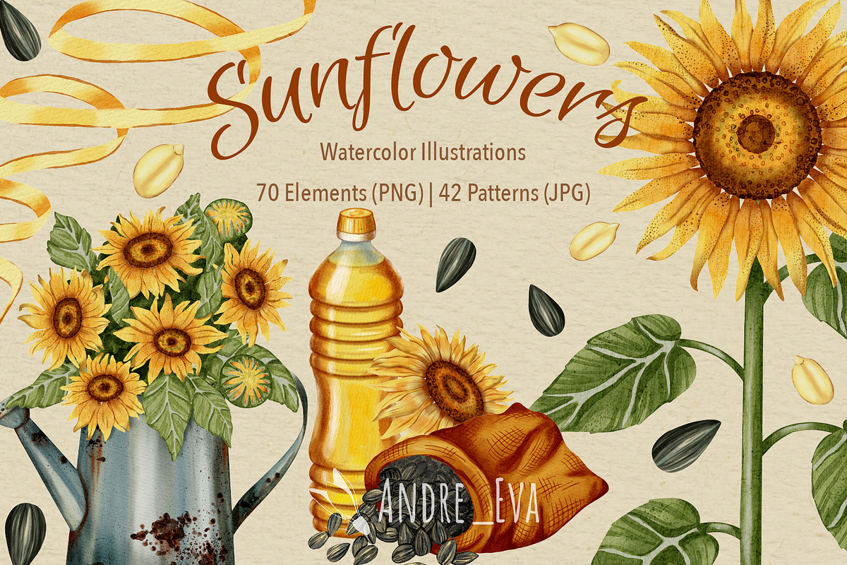 Watercolor Sunflowers Clipart, an Illustration by Andre_Eva (Photo 1 of 9)