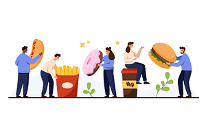 People Holding Giant Fast Food Items, a Food Illustration by Flashvector