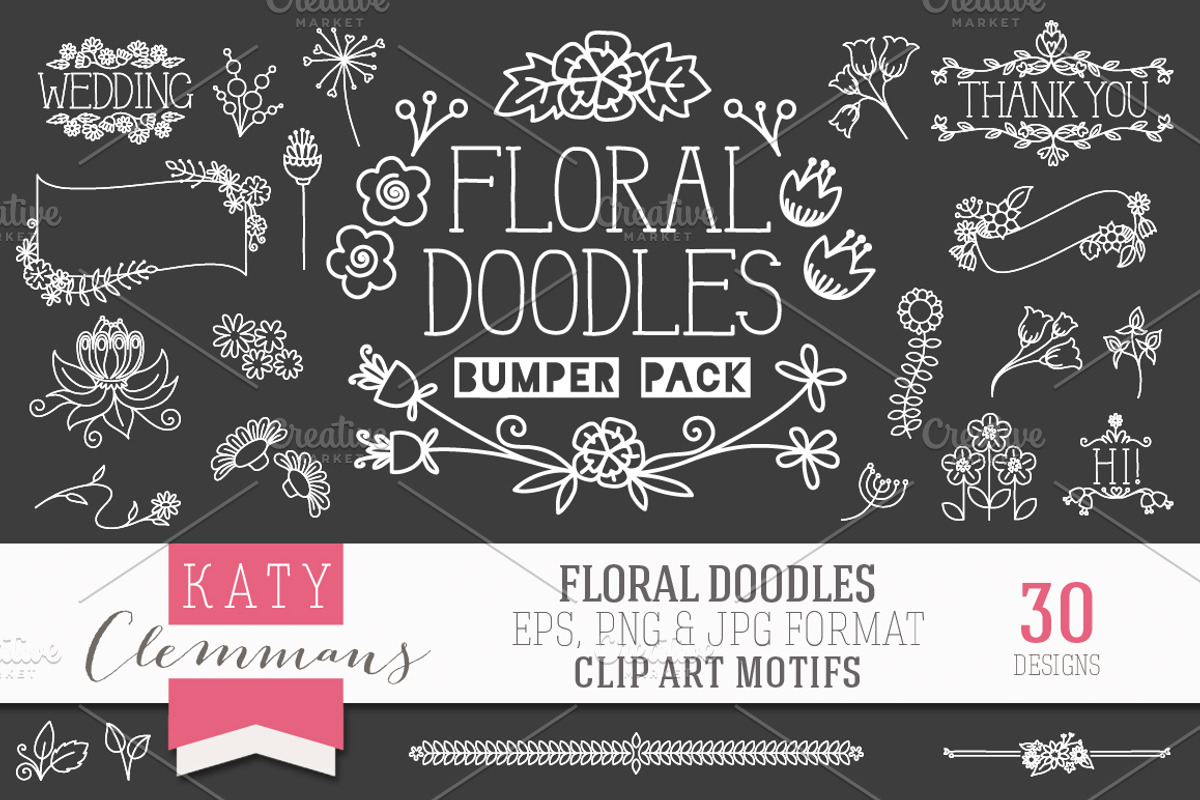 Floral Doodles clip art bumper pack, an Illustration by Katy Clemmans (Photo 1 of 5)
