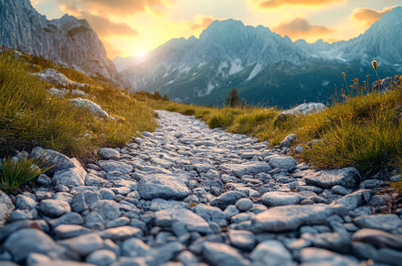 A scenic mountain pathway lined with stones, illuminated by the golden glow of, a Background Photo by ImageMir