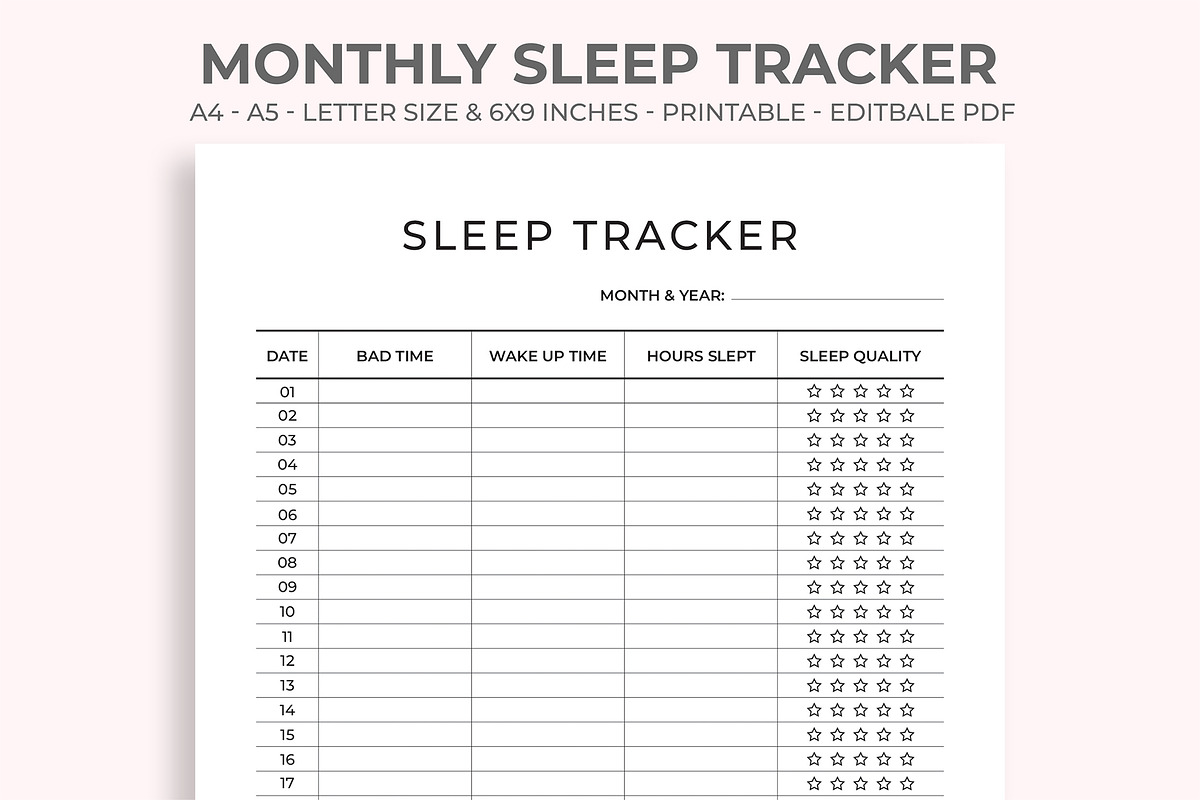 Monthly Sleep Tracker, a Stationery Template by M9 Design (Photo 1 of 5)
