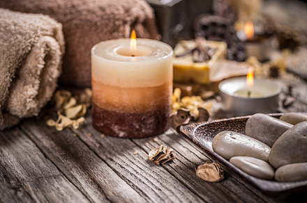 Burning candles featuring spa, stone, and aroma, a Health & Medical Photo by Grafvision photography