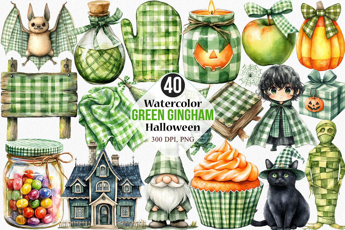 Watercolor Green Gingham Halloween, an Illustration by Canvas Craft (Photo 1 of 8)