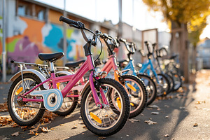 Colorful bicycles parked on a city street during a sunny autumn day, a Photo by AlyaAnd