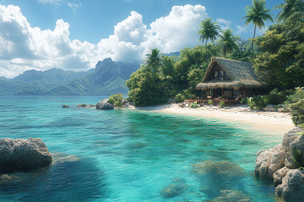 Tropical beachfront paradise with a, a Photo by Tanuart