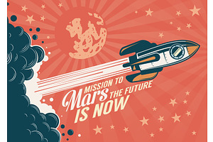 Rocket flies to Mars - retro poster
