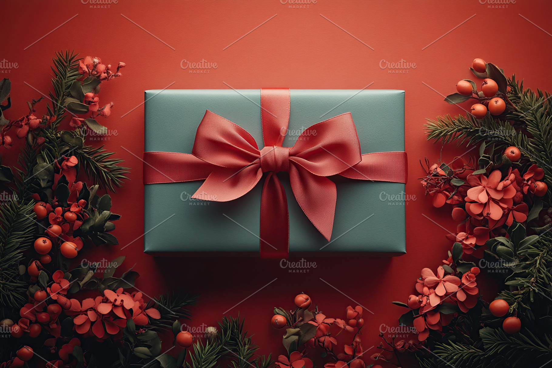 Gift box with ribbon bow for Valentine's Day holiday and fir tree branches, a Holiday Photo by AlyaAnd