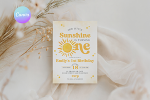 Sunshine First Birthday Invite, a Templates & Theme by VeliusCreativeStudio