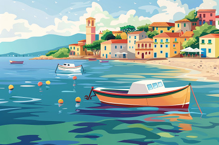 A vibrant coastal village features c, a Photo by Tanuart