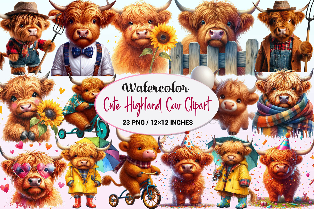 Cute Highland Cow Clipart Bundle PNG, a Graphic by CitraGraphics (Photo 1 of 4)