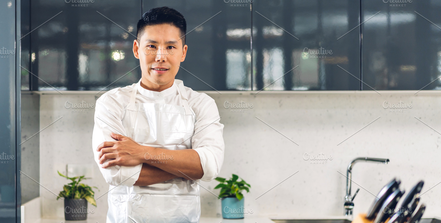 Portrait of smiling professional handsome asian man chef look at, a Person Photo by Art_Photo