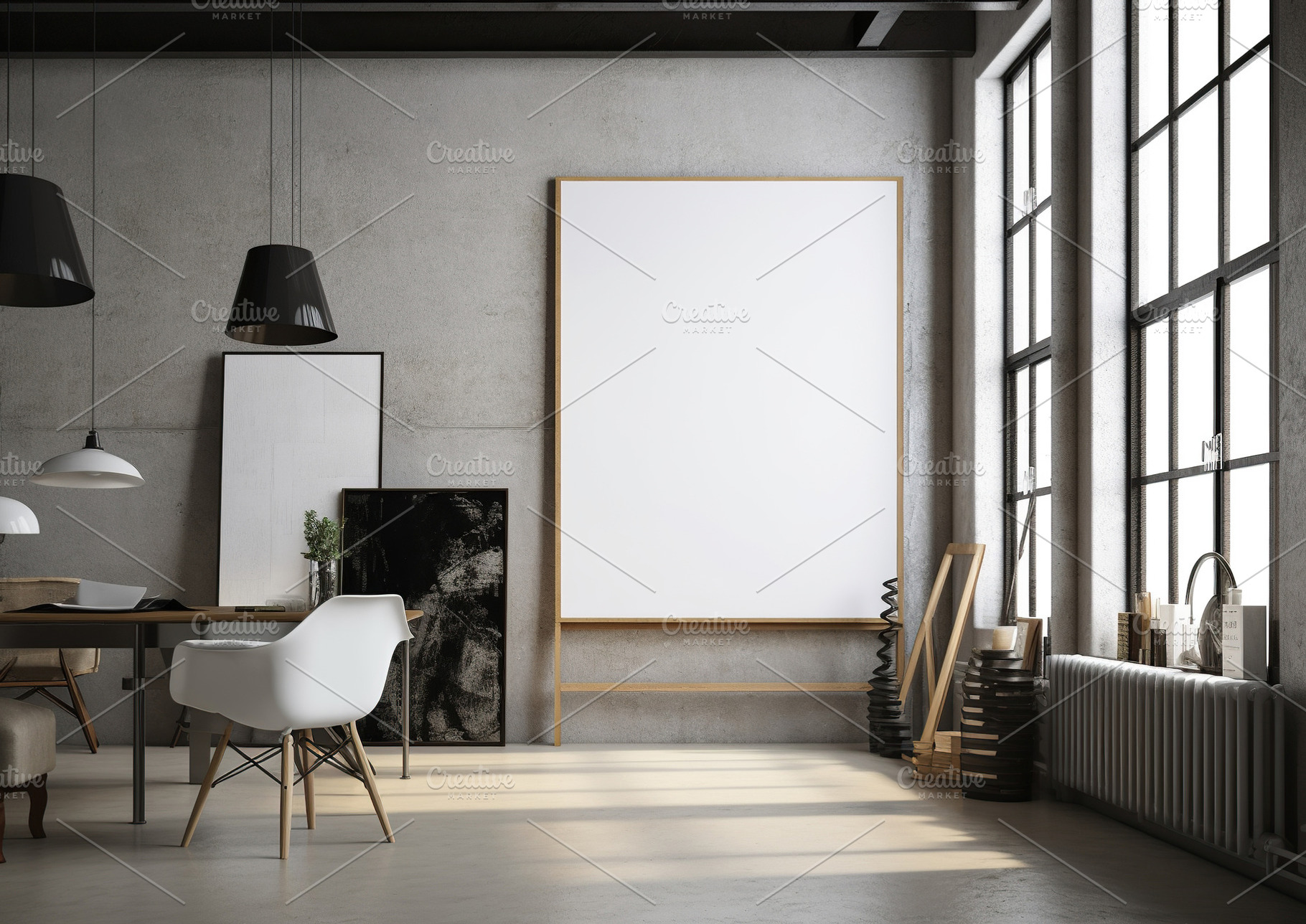 Minimalist home interior with wooden chair, desk, and blank fram, a Photo by Dvoevnore photos