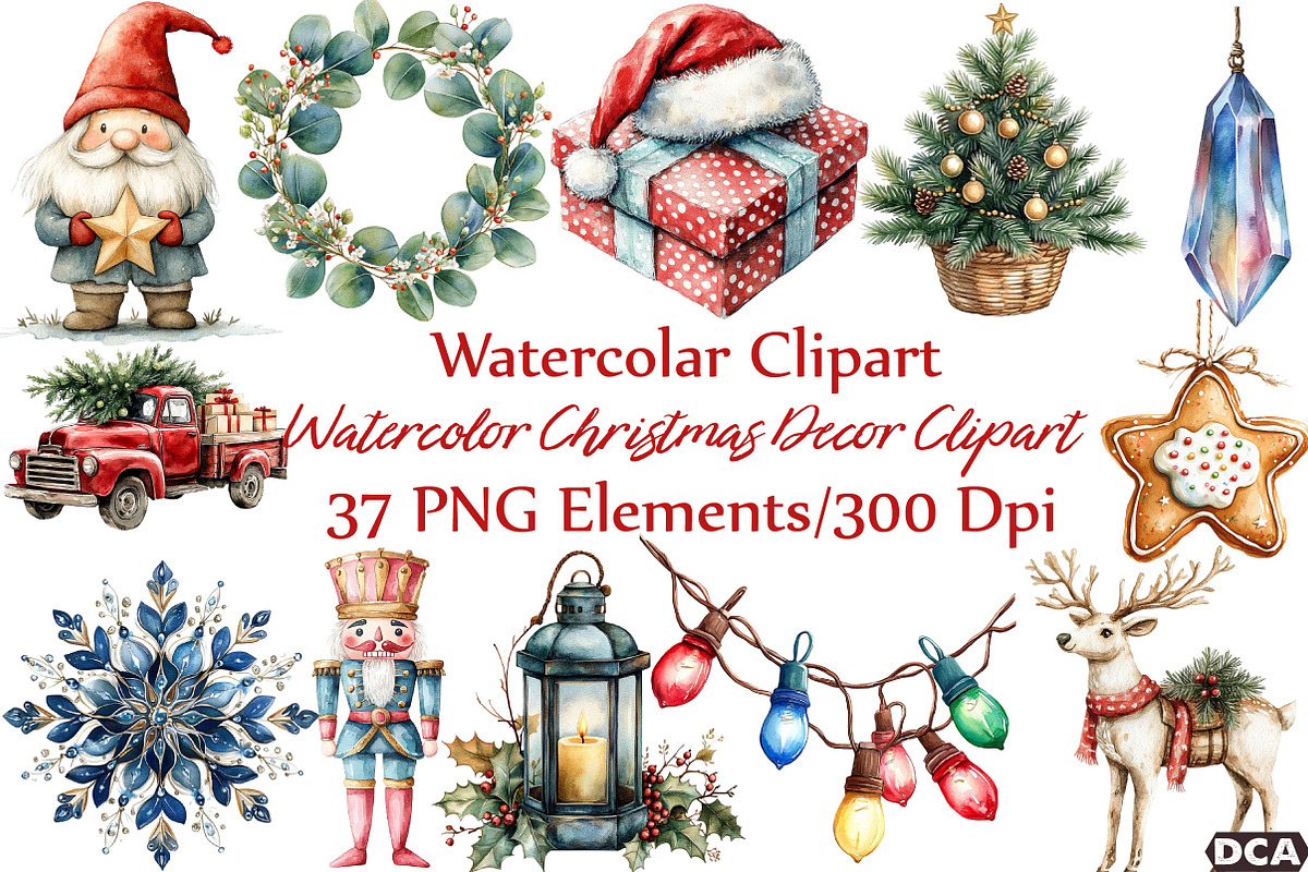 Watercolor Christmas Decor Clipart, an Illustration by DreamCafeArt (Photo 1 of 7)
