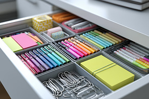Organized Office Drawer: Colorful Stationery and Supplies Perfectly Arranged fo, a Business Photo by Ocean Digital Art
