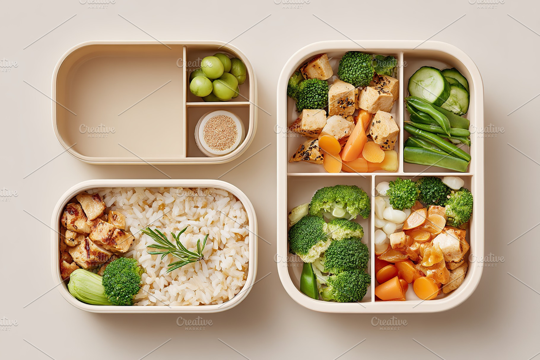 Healthy meal prep containers with assorted vegetables and rice arranged neatly, a Photo by AlyaAnd