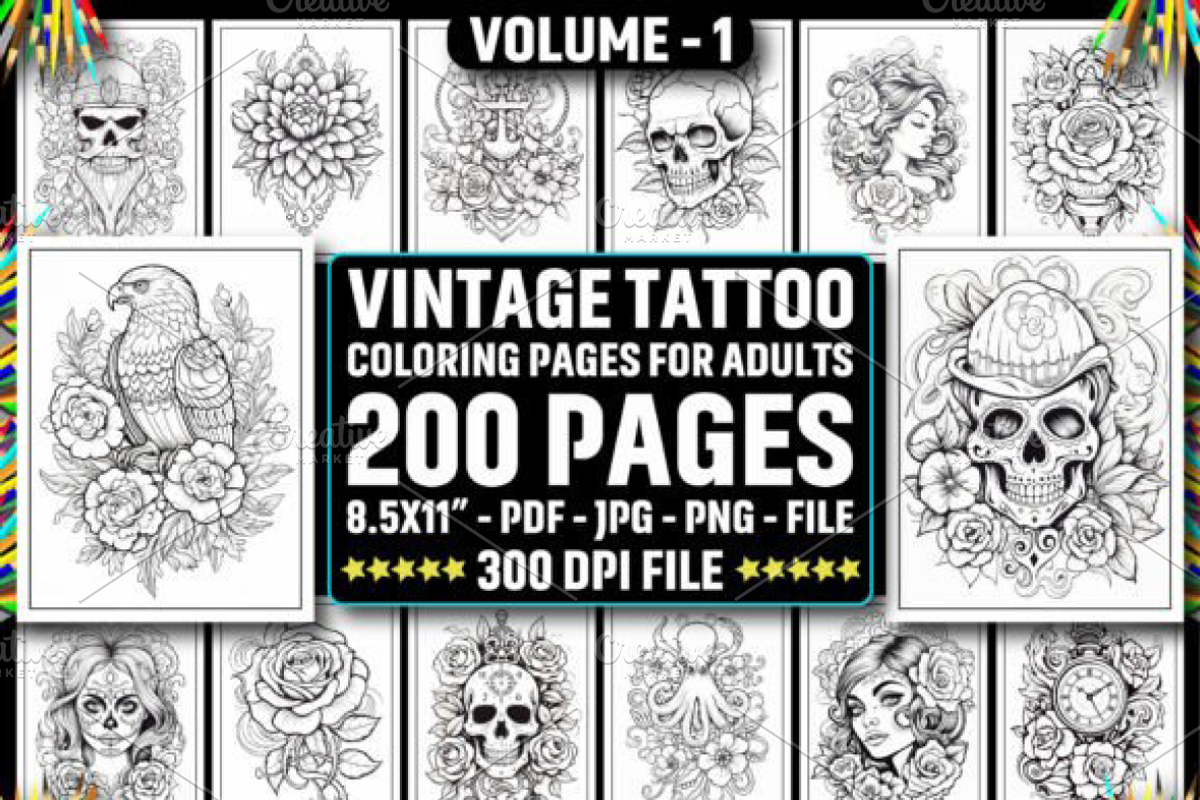200+ Vintage Tattoo Coloring Pages, a Decorative Illustration by Design Station (Photo 1 of 3)
