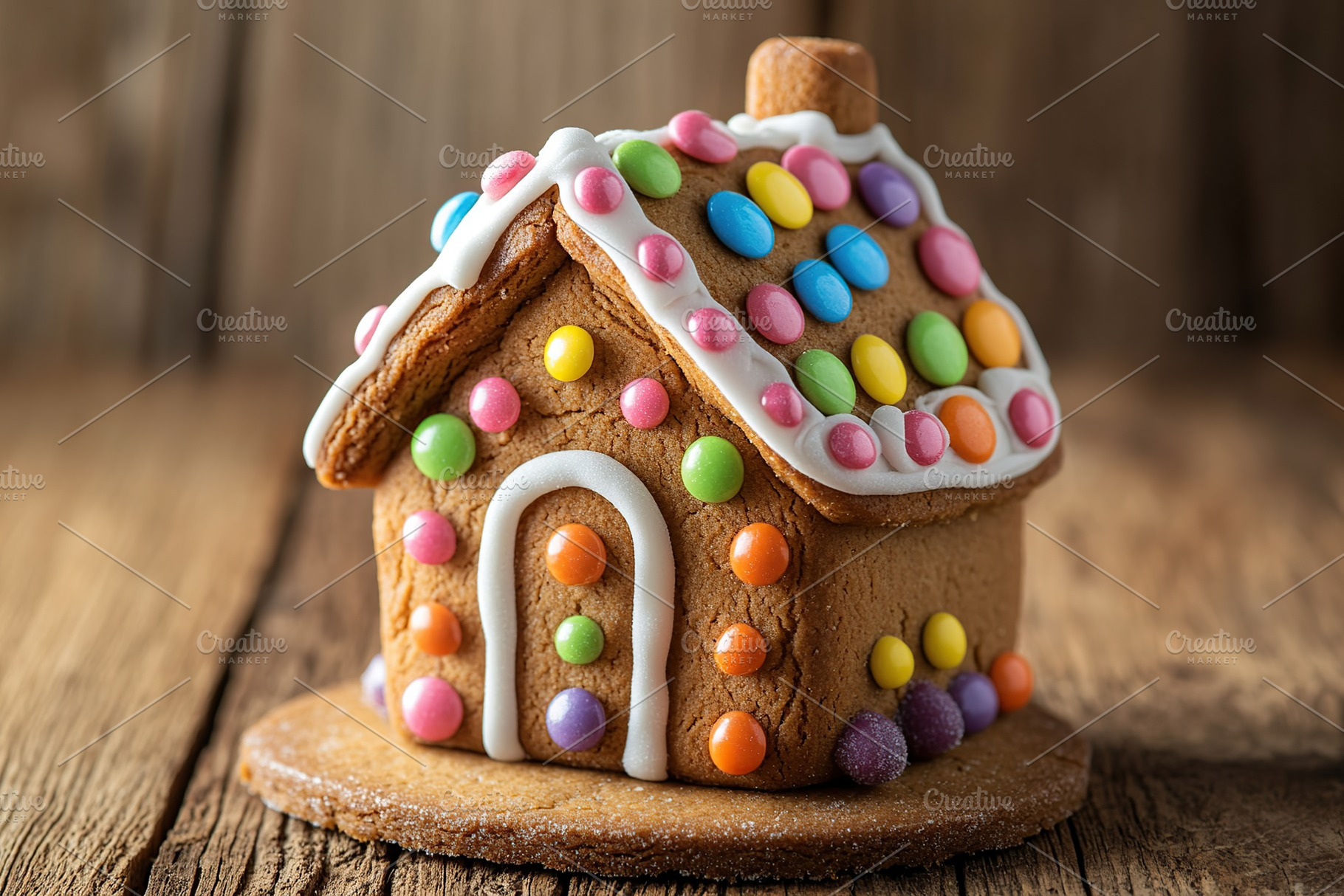 Christmas gingerbread house cookie on wooden background, a Food & Drink Photo by AlyaAnd