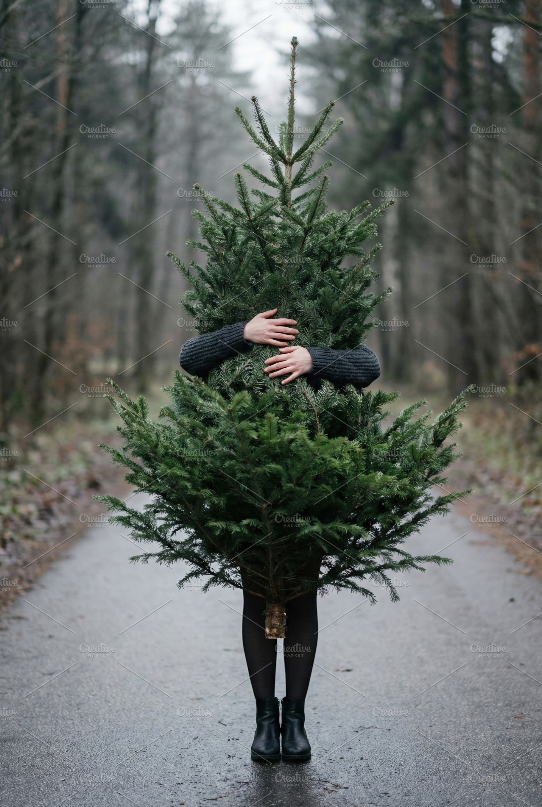 Woman Embracing Fresh Fir Tree, a Person Photo by Virgo Studio