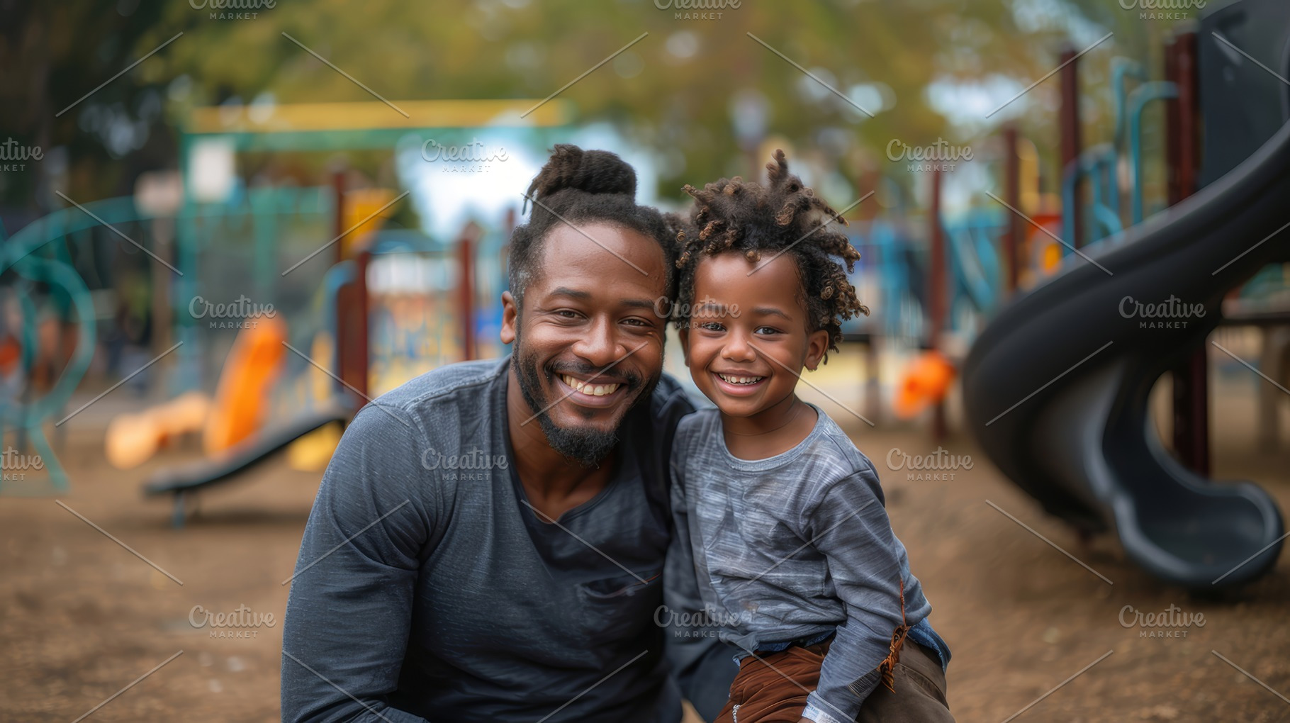 Happy Father and Son Smiling Together at a Playground on a Sunny Day, a Photo by AS photostudio