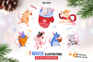 Mouse holiday cards. Cute Mice set.