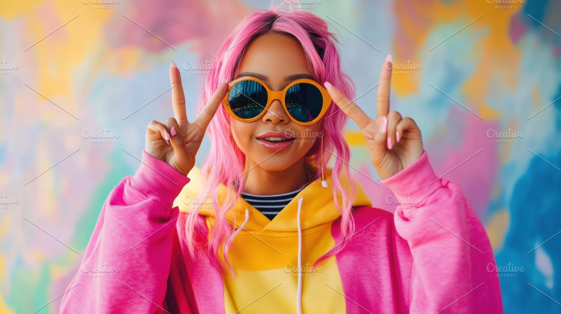Pink-haired woman poses fun, a Photo by Beautiful things