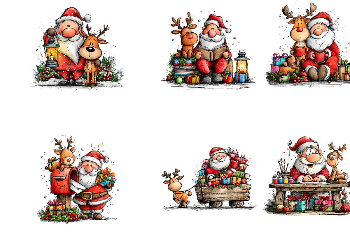 Christmas Santa & Reindeer Clipart, a Seasonal Illustration by CreationArt (Photo 4 of 5)