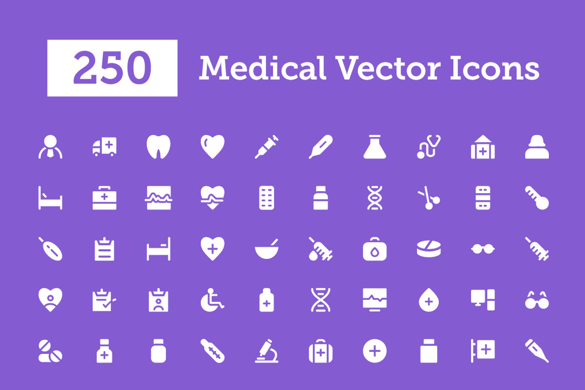 250 Medical Vector Icons, a Solid Icon by Vectors Market (Photo 1 of 4)