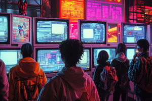 A group of people standing in front of multiple retro computer monitors display, an Arts & Entertainment Photo by Textures & Backgrounds
