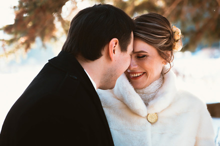 Winter bright wedding bride and groo featuring couple, love, and winter