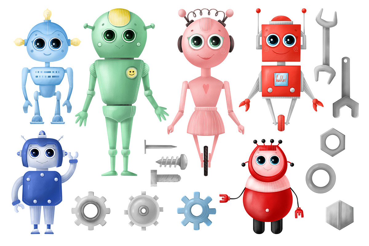 Cute robots clipart, an Object Illustration by YuNa (Photo 3 of 7)