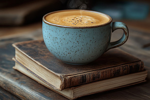 Warm coffee cup resting on vintage b, a Photo by Tanuart